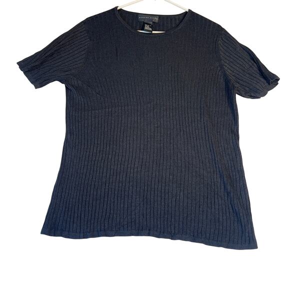 August Silk 100% Silk Top Woman 1X Black Rib Knit Crew Neck Short Sleeve Elegant - Picture 1 of 9